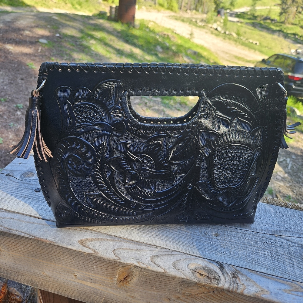 Source Unknown Black Clutch with Embossed Floral Design
